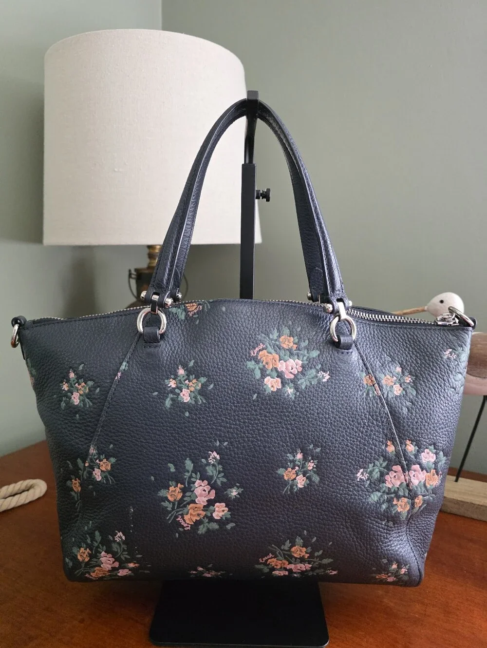 Coach 91603 Prairie Satchel Rose Bouquet Navy Pebbled Leather Crossbody Bag